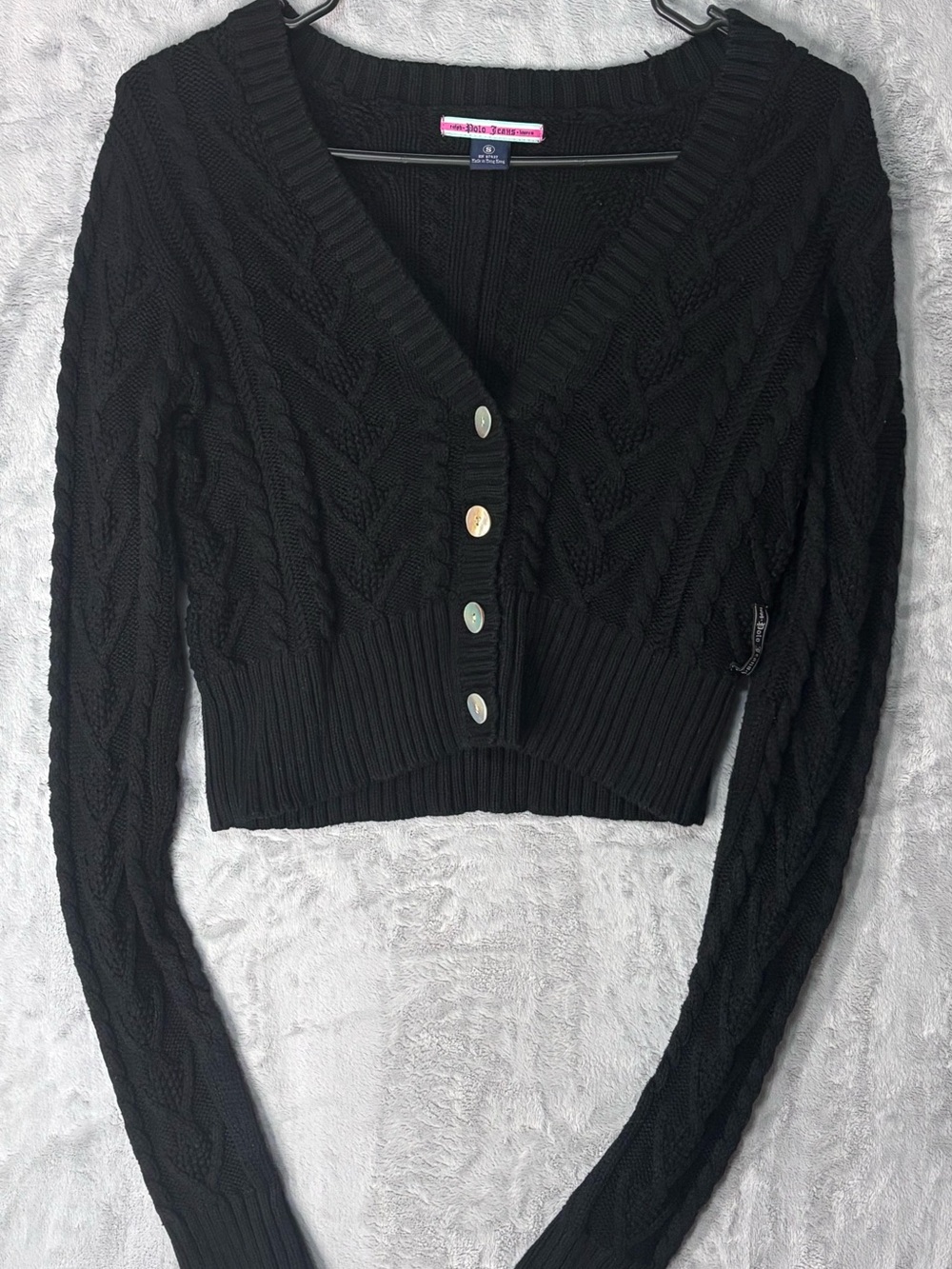 Vintage Polo Jeans Co Ralph Lauren Black Cable Knit Cropped Cardigan Small
